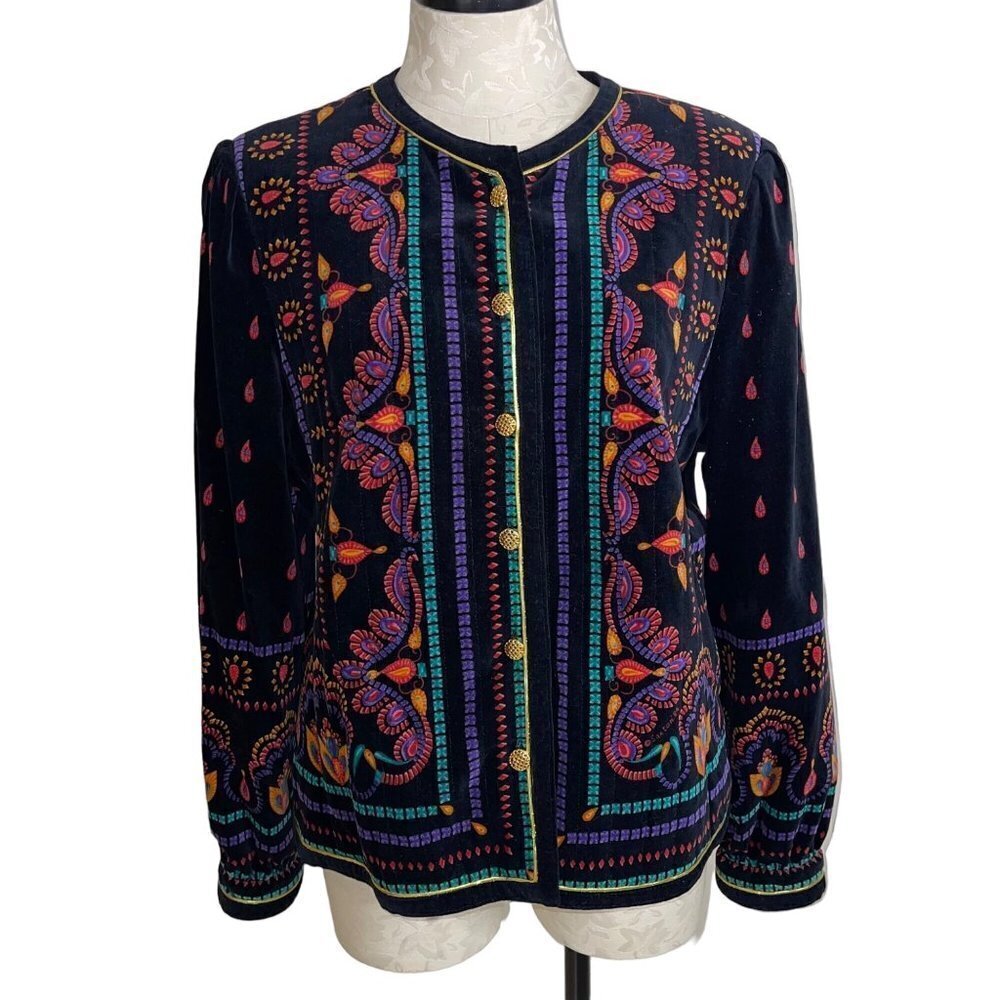 Saxton Hall Vintage Womens Jacket Size Large Paisley Velvet Gold Buttons